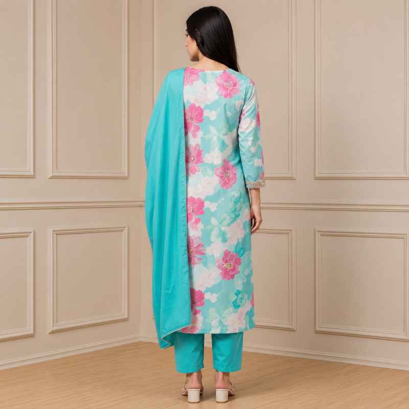 Women's Cotton Blend Embroidered Floral Printed Straight Kurta  Back